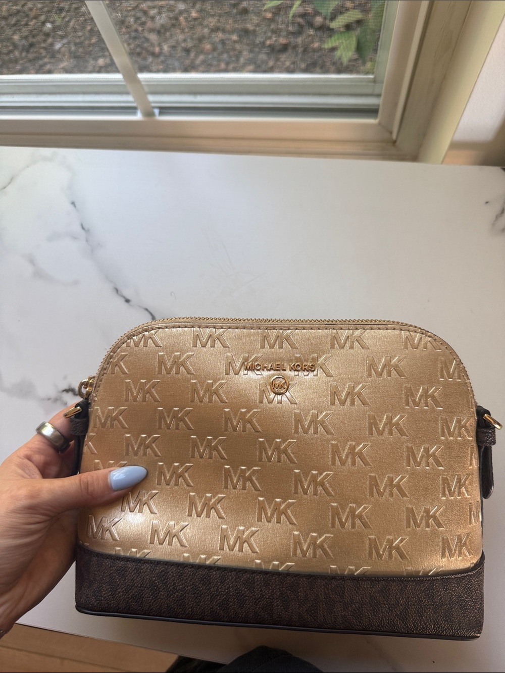 Michael Kors Gold and Brown Logo Dome Crossbody